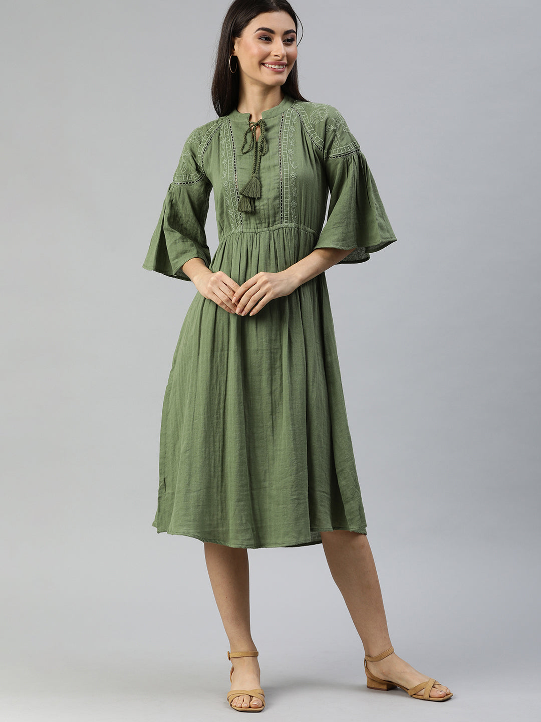 Ishin Women's Olive Green Cotton Embroidered A-Line Dress