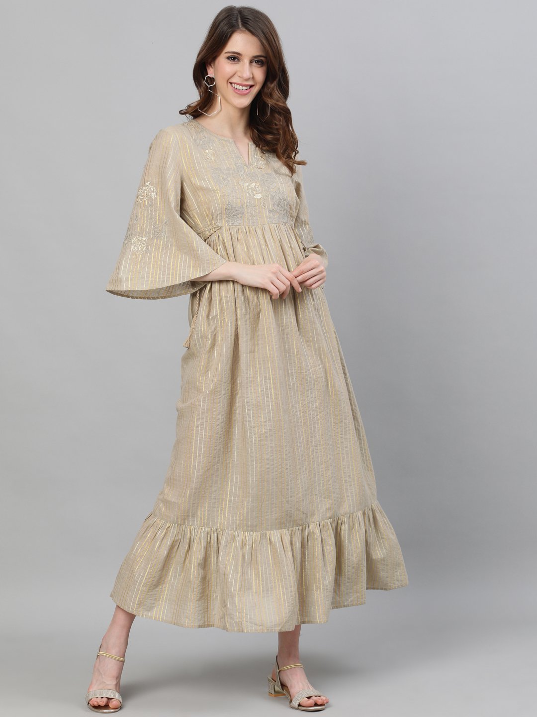 Ishin Women's Cotton Beige Lurex Embroidered A-Line Dress