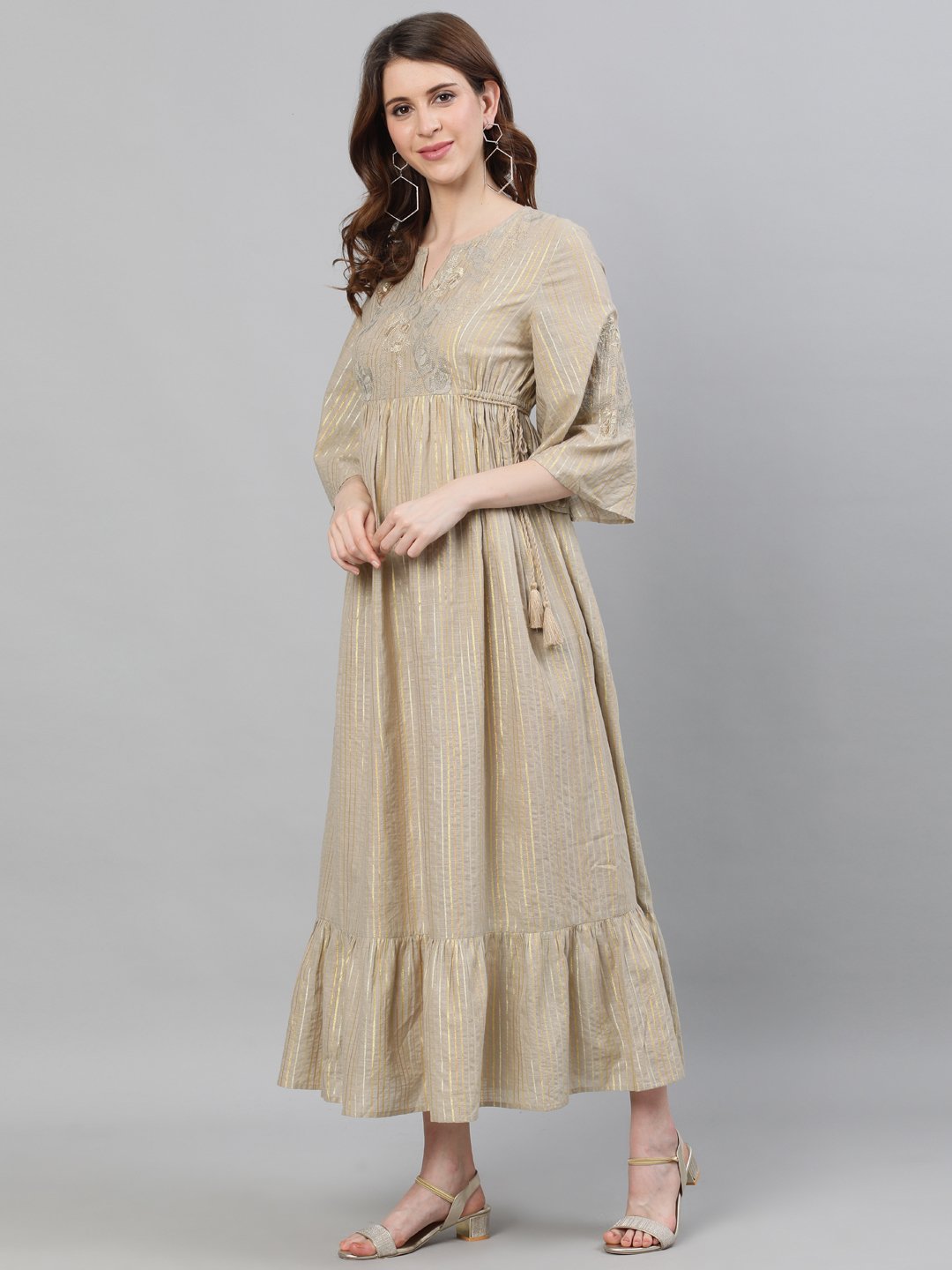 Ishin Women's Cotton Beige Lurex Embroidered A-Line Dress