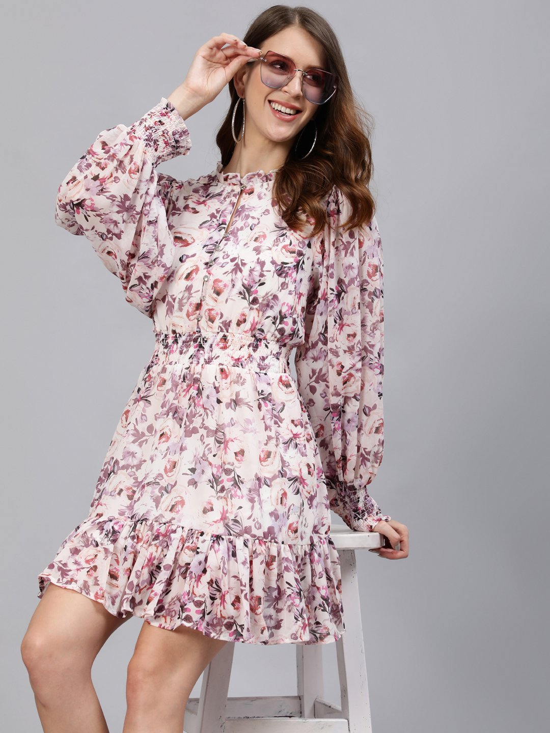 Ishin Women's Multicolored Floral Blouson Dress