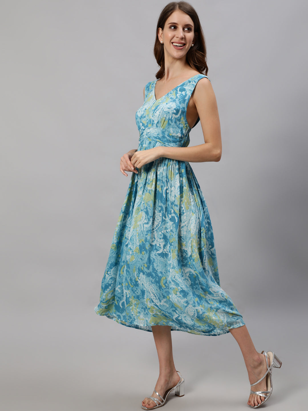 Ishin Women's Blue Printed Fit & Flare Dress