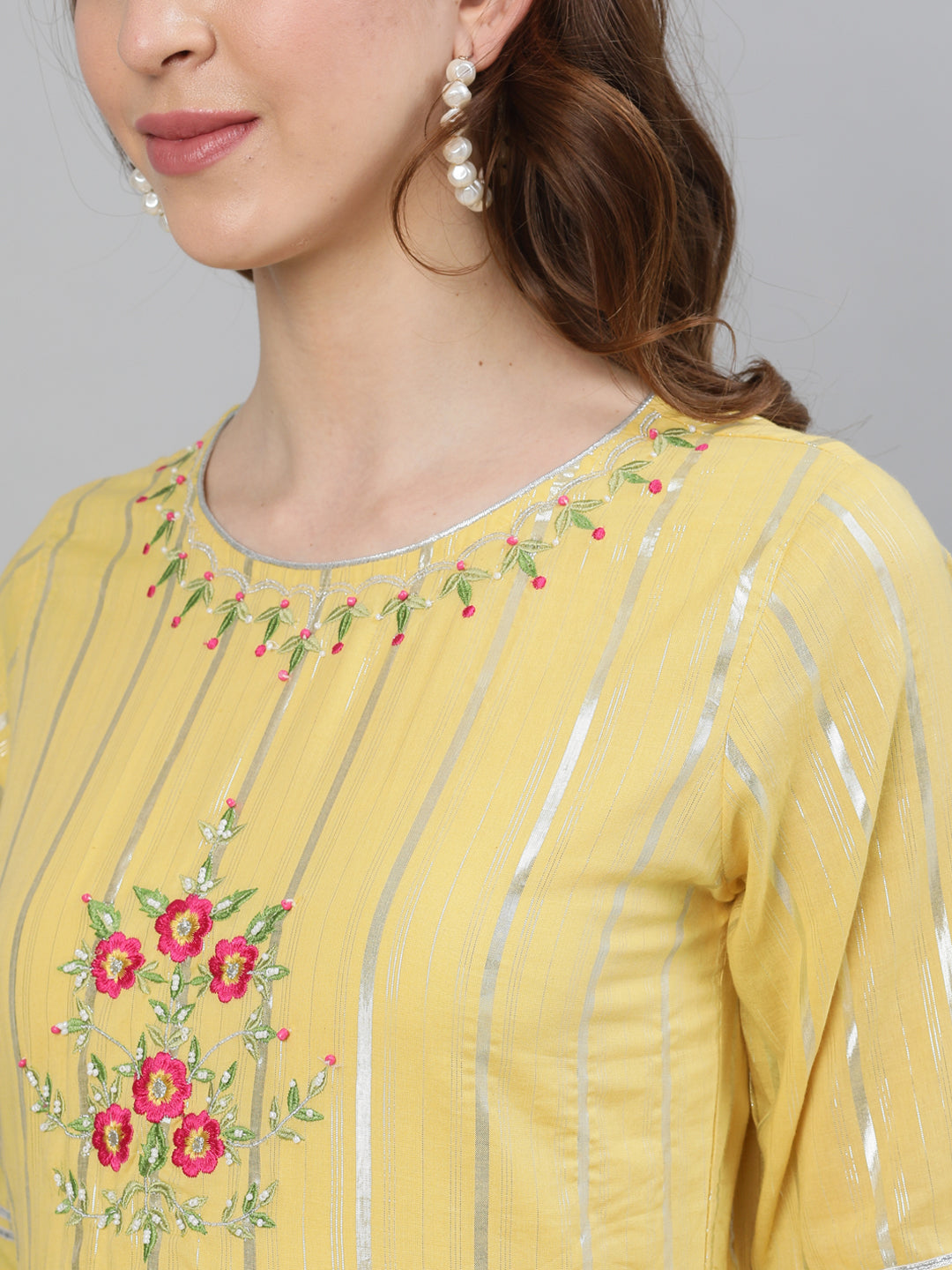 Ishin Women's Lurex Cotton Yellow Embroidered Anarkali Kurta