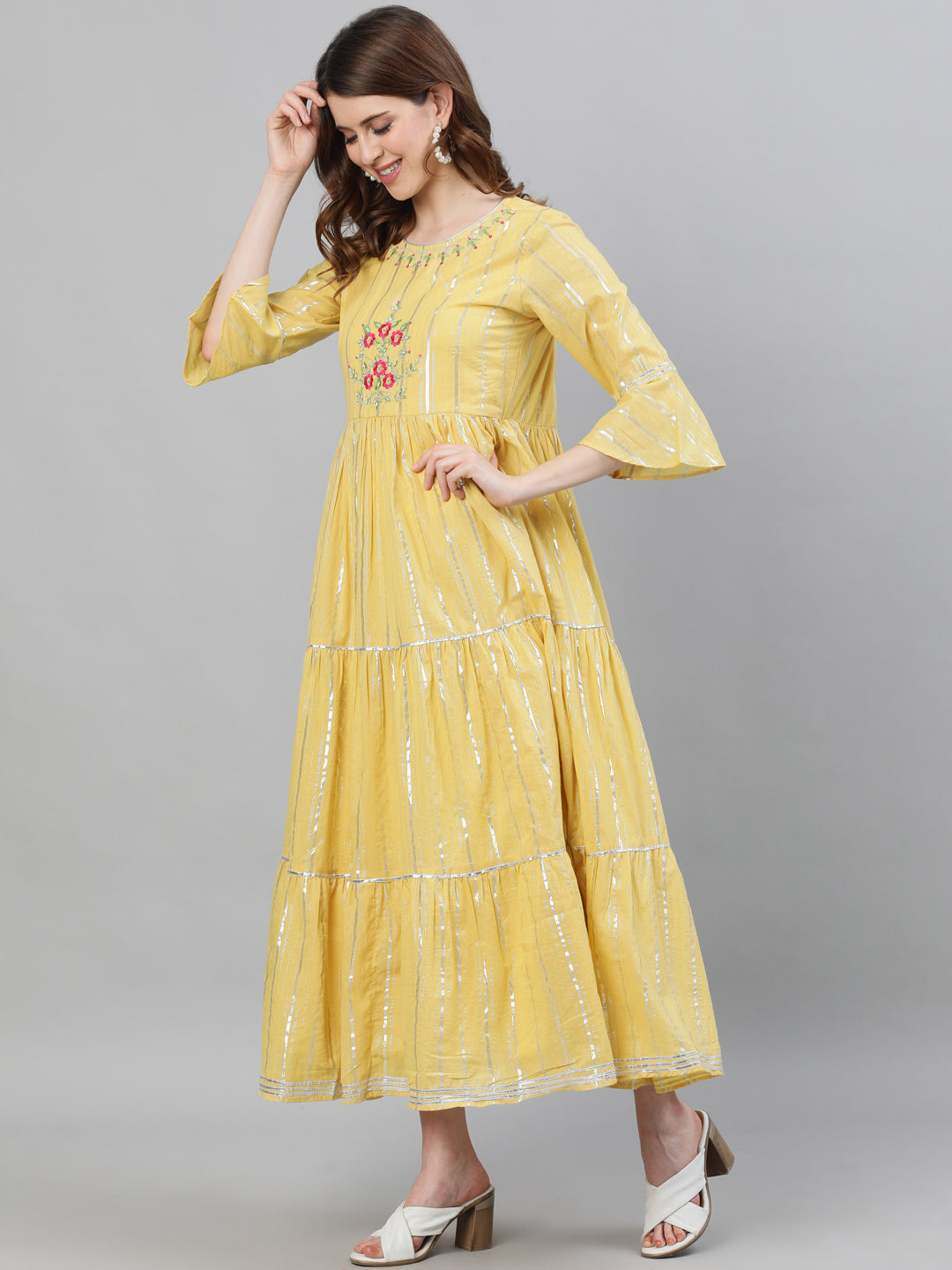 Ishin Women's Lurex Cotton Yellow Embroidered Anarkali Kurta