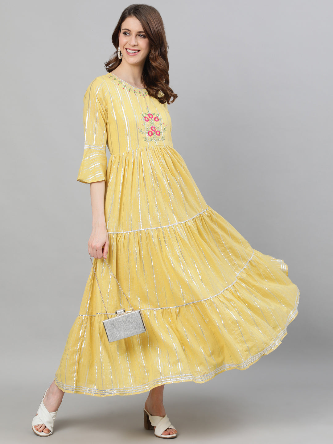 Ishin Women's Lurex Cotton Yellow Embroidered Anarkali Kurta