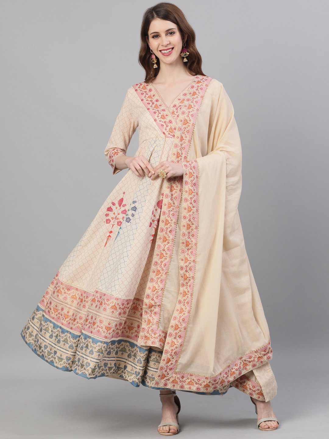 Ishin Women's Cotton Beige Foil Printed Anarkali Kurta With Dupatta