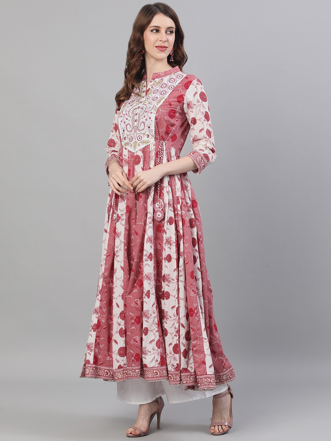 Ishin Women's Cotton Pink & White Embroidered Anarkali Kurta