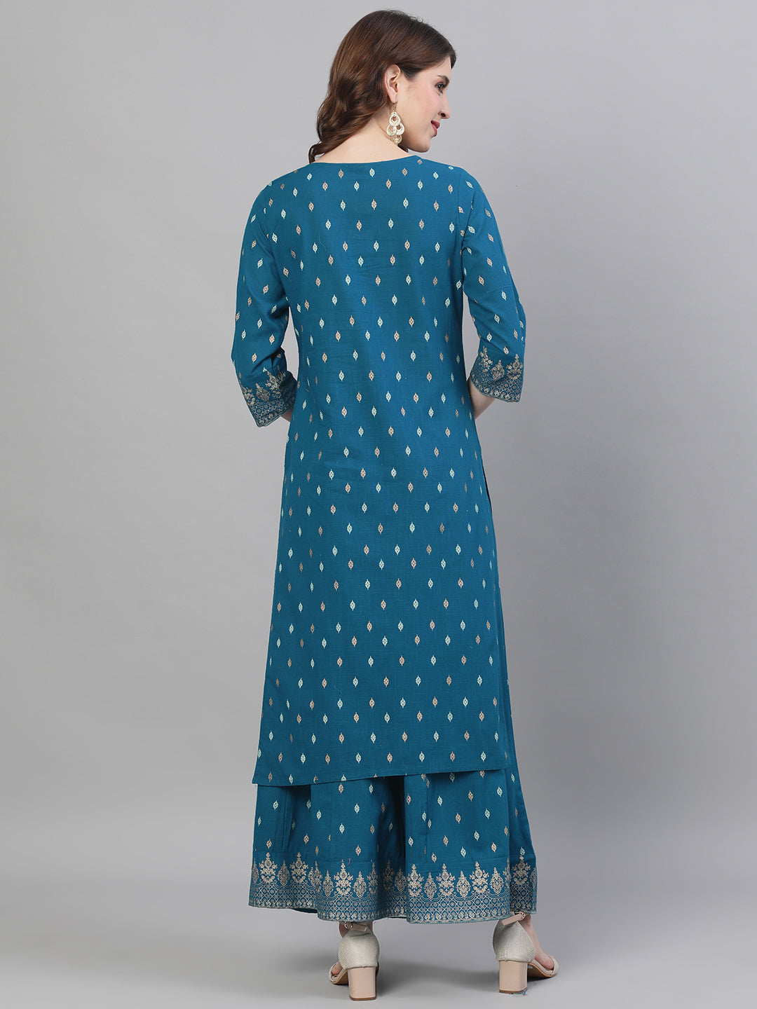 Ishin Women's Cotton Teal Yoke Design A-Line Kurta Sharara Set