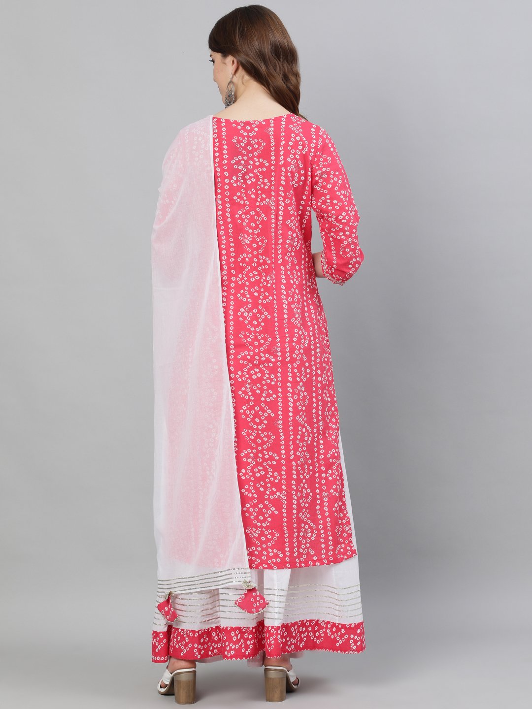 Ishin Women's Cotton Pink & White Bandhani Embroidered A-Line Kurta Skirt Dupatta Set