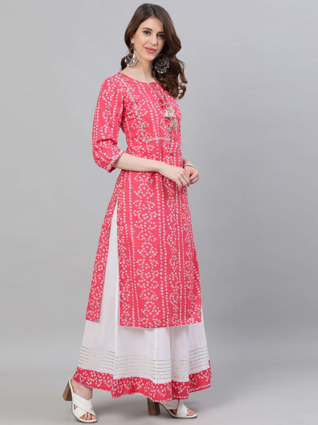 Ishin Women's Cotton Pink & White Bandhani Embroidered A-Line Kurta Skirt Dupatta Set