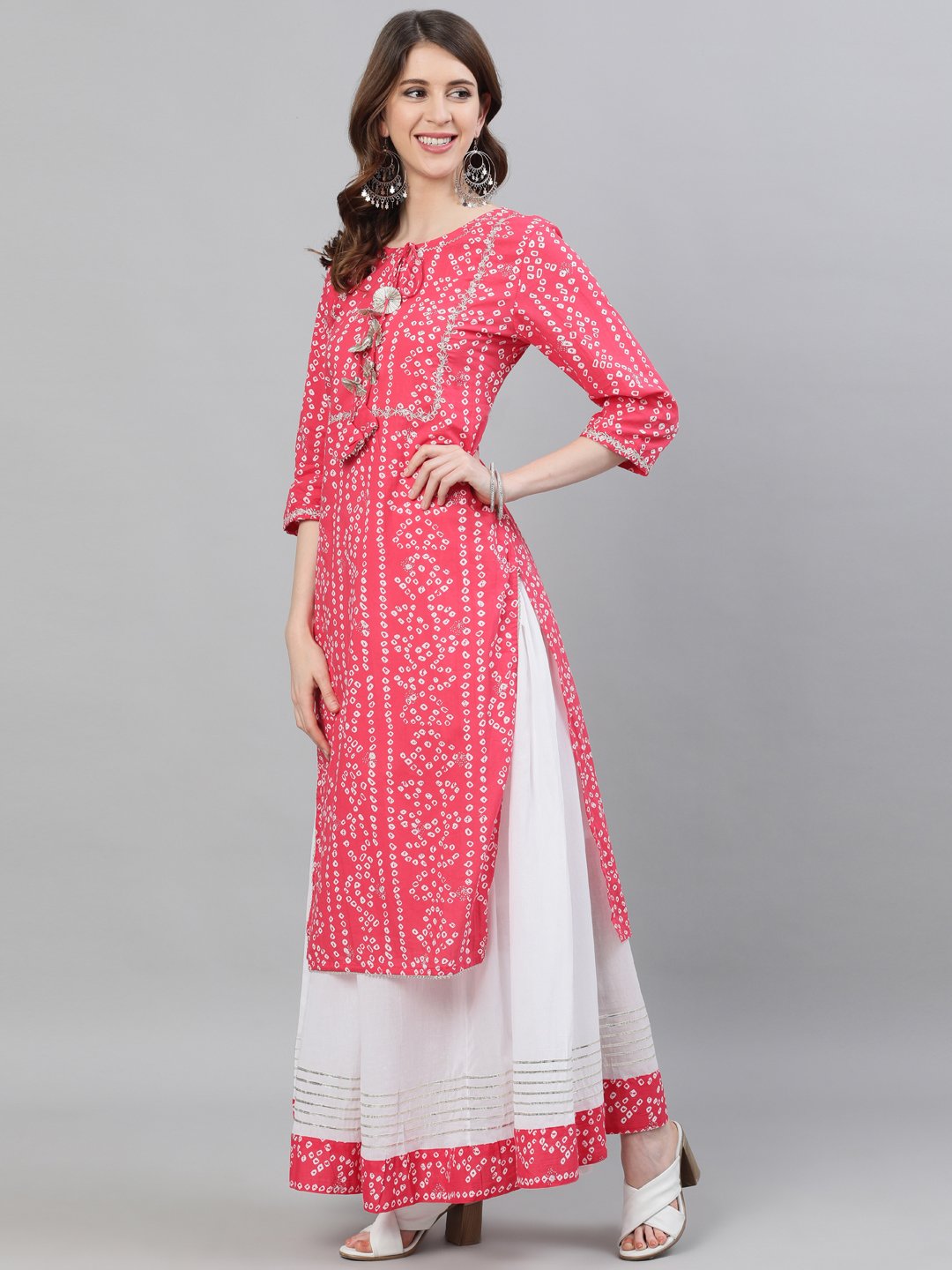 Ishin Women's Cotton Pink & White Bandhani Embroidered A-Line Kurta Skirt Dupatta Set