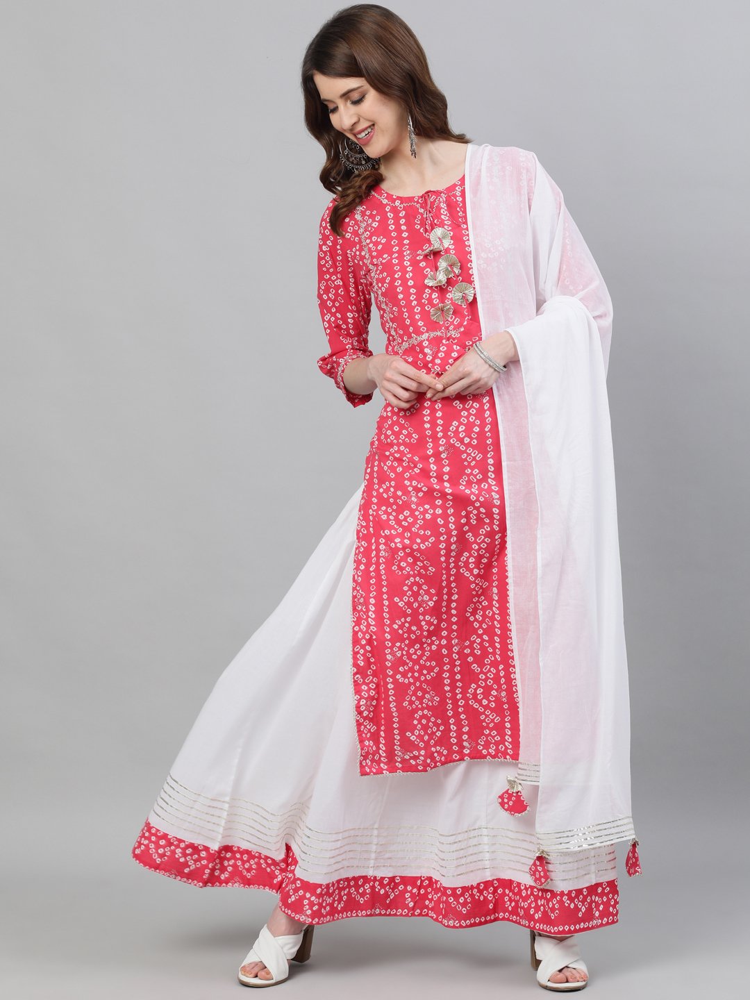 Ishin Women's Cotton Pink & White Bandhani Embroidered A-Line Kurta Skirt Dupatta Set