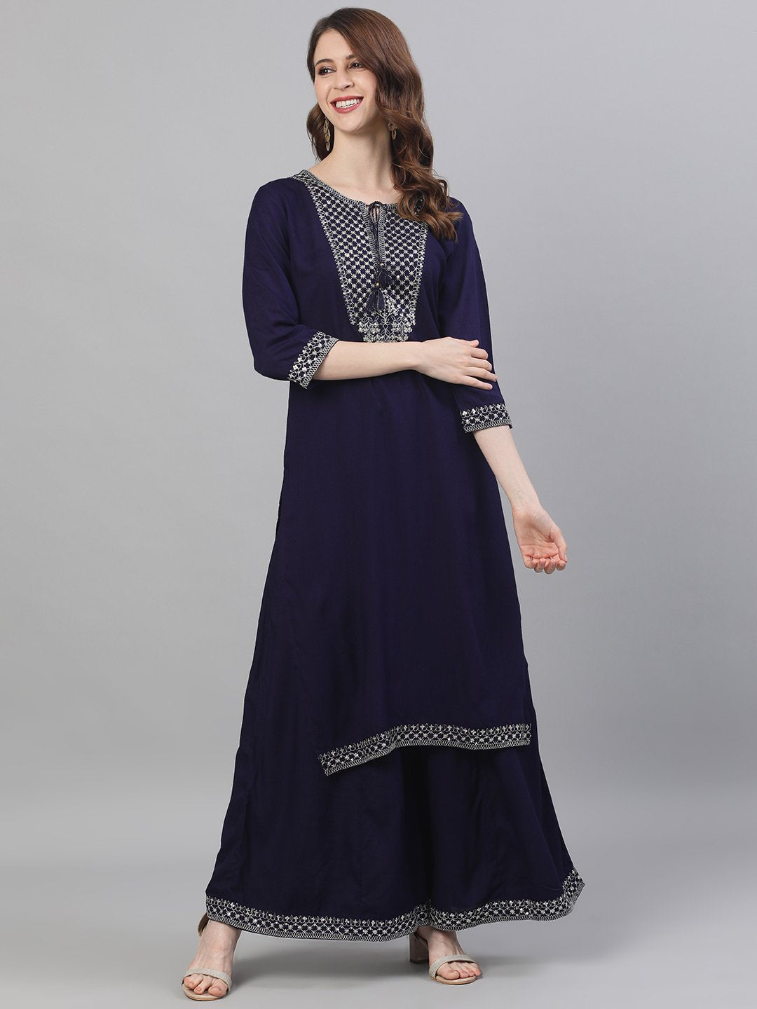 Ishin Women's Rayon Navy Blue Zari Embroidered A-Line Kurta Palazzo Set