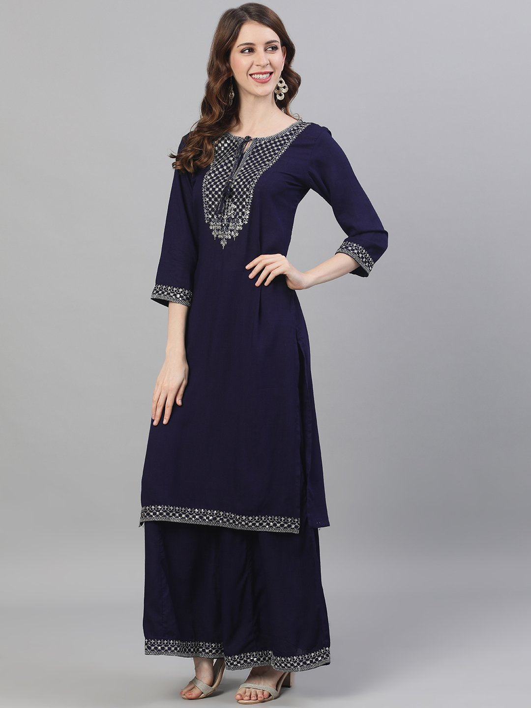 Ishin Women's Rayon Navy Blue Zari Embroidered A-Line Kurta Palazzo Set