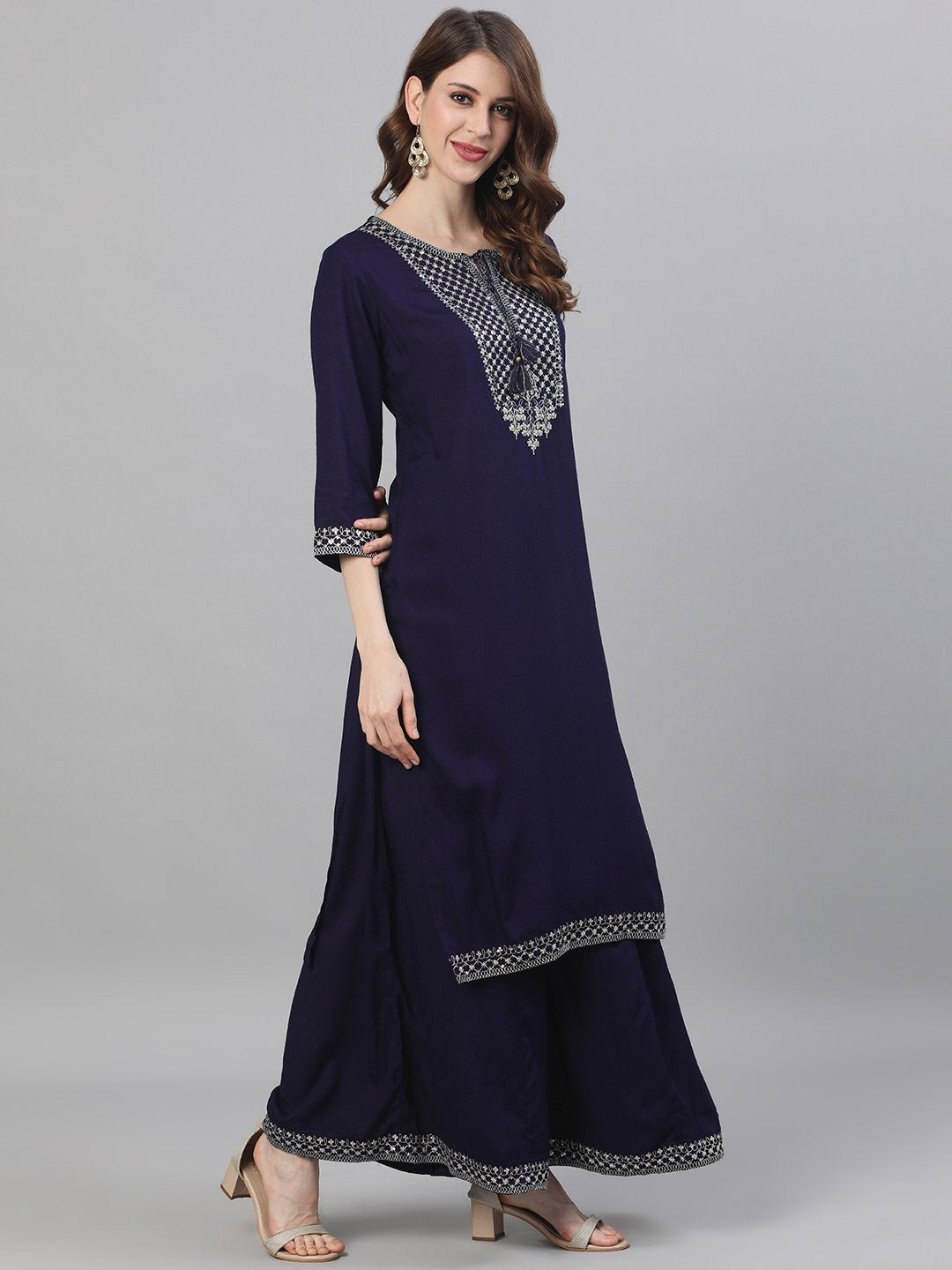 Ishin Women's Rayon Navy Blue Zari Embroidered A-Line Kurta Palazzo Set