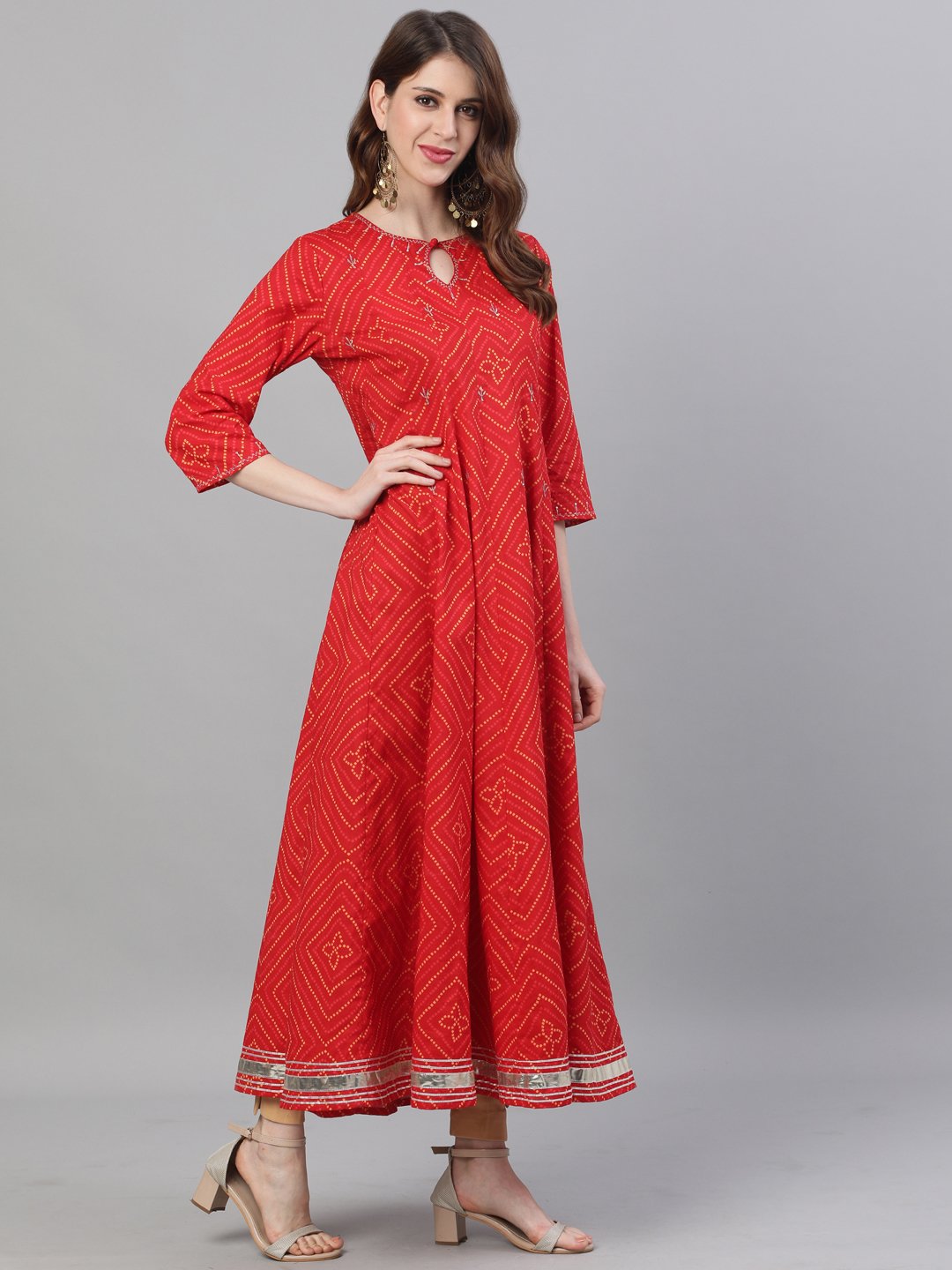 Ishin Women's Cotton Red Bandhani Embroidered Anarkali Flared Kurta