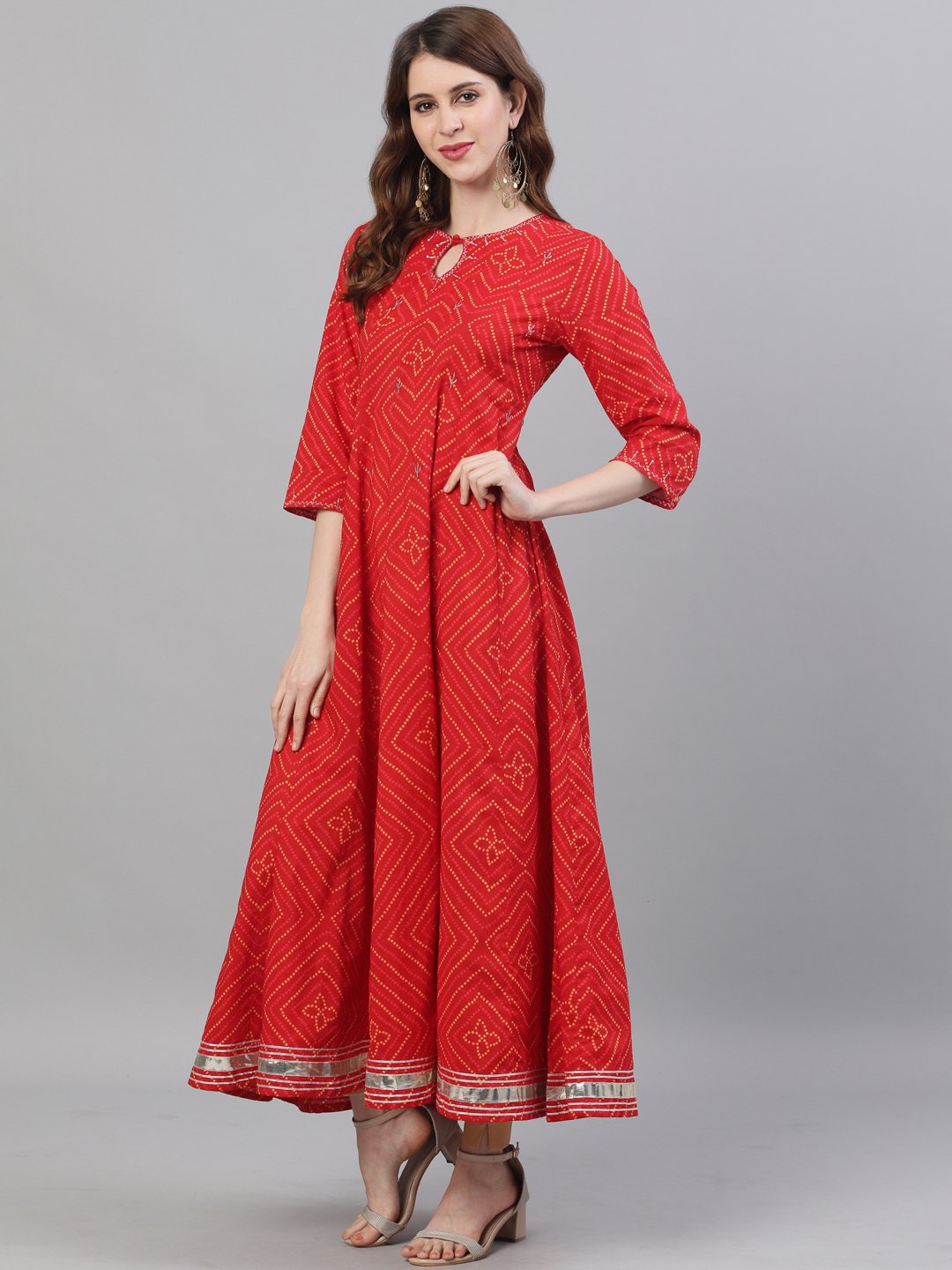 Ishin Women's Cotton Red Bandhani Embroidered Anarkali Flared Kurta