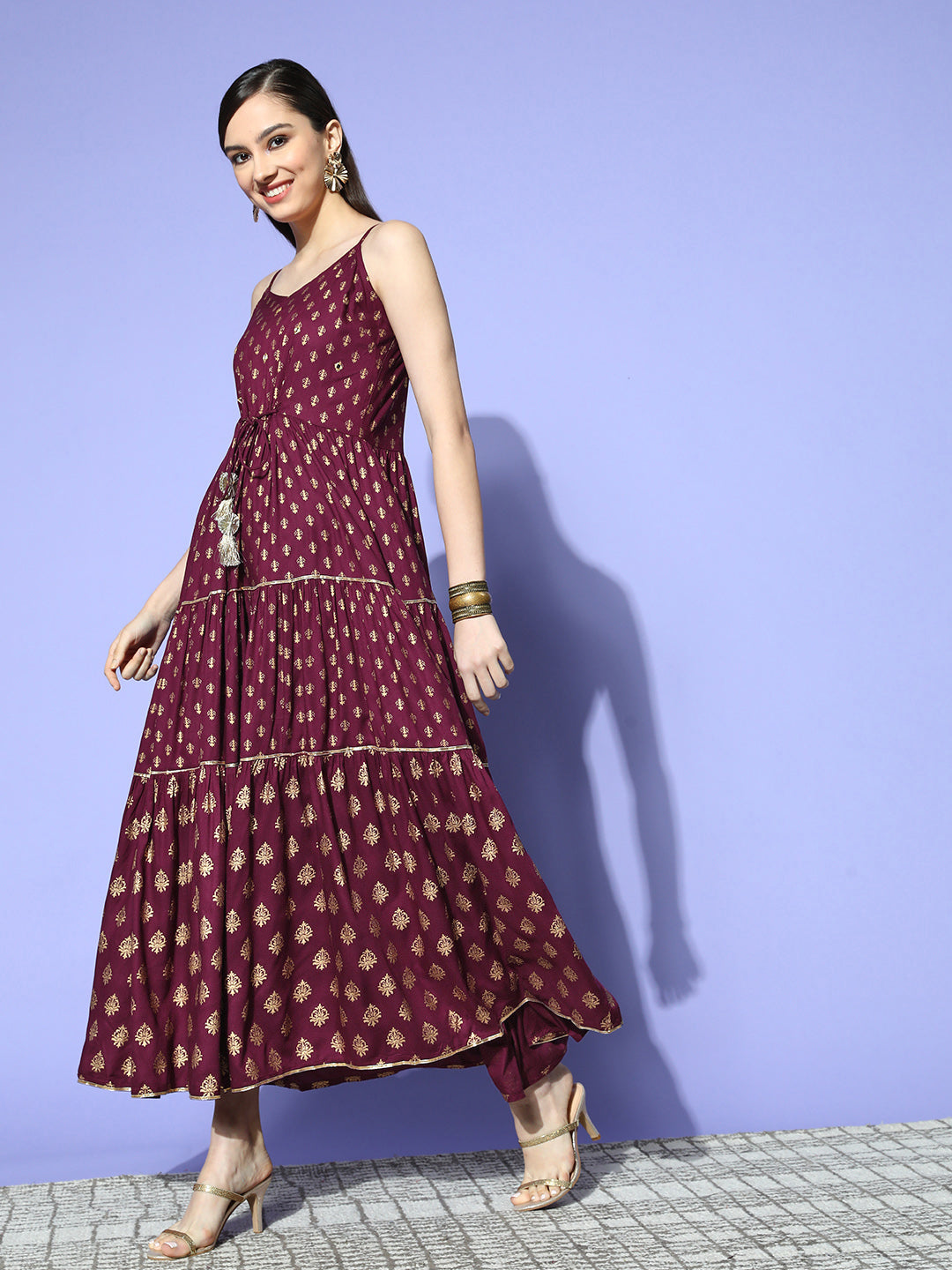 Sunehri Women's Rayon Burgundy Printed Gota Patti A-Line Dress