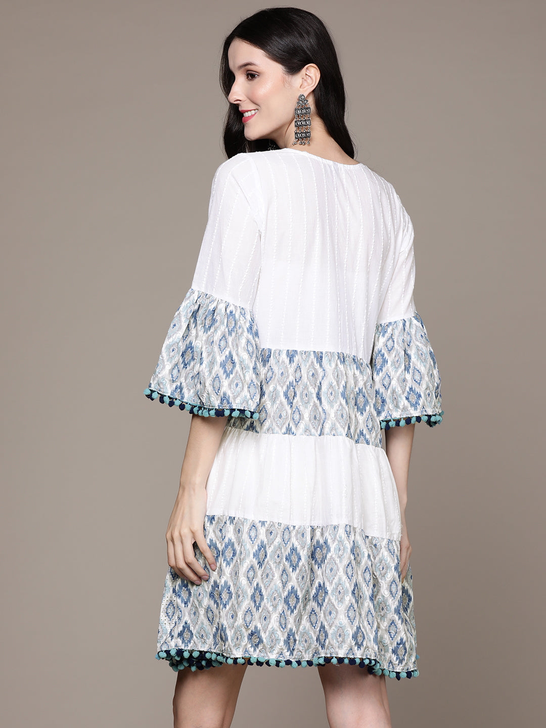Ishin Women's White & Blue Embroidered A-Line Dress