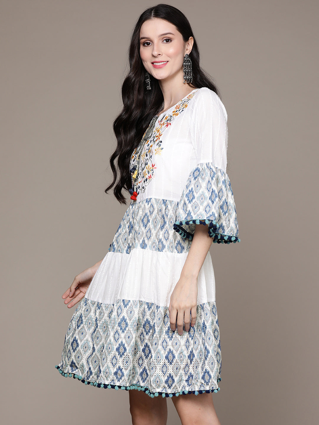 Ishin Women's White & Blue Embroidered A-Line Dress