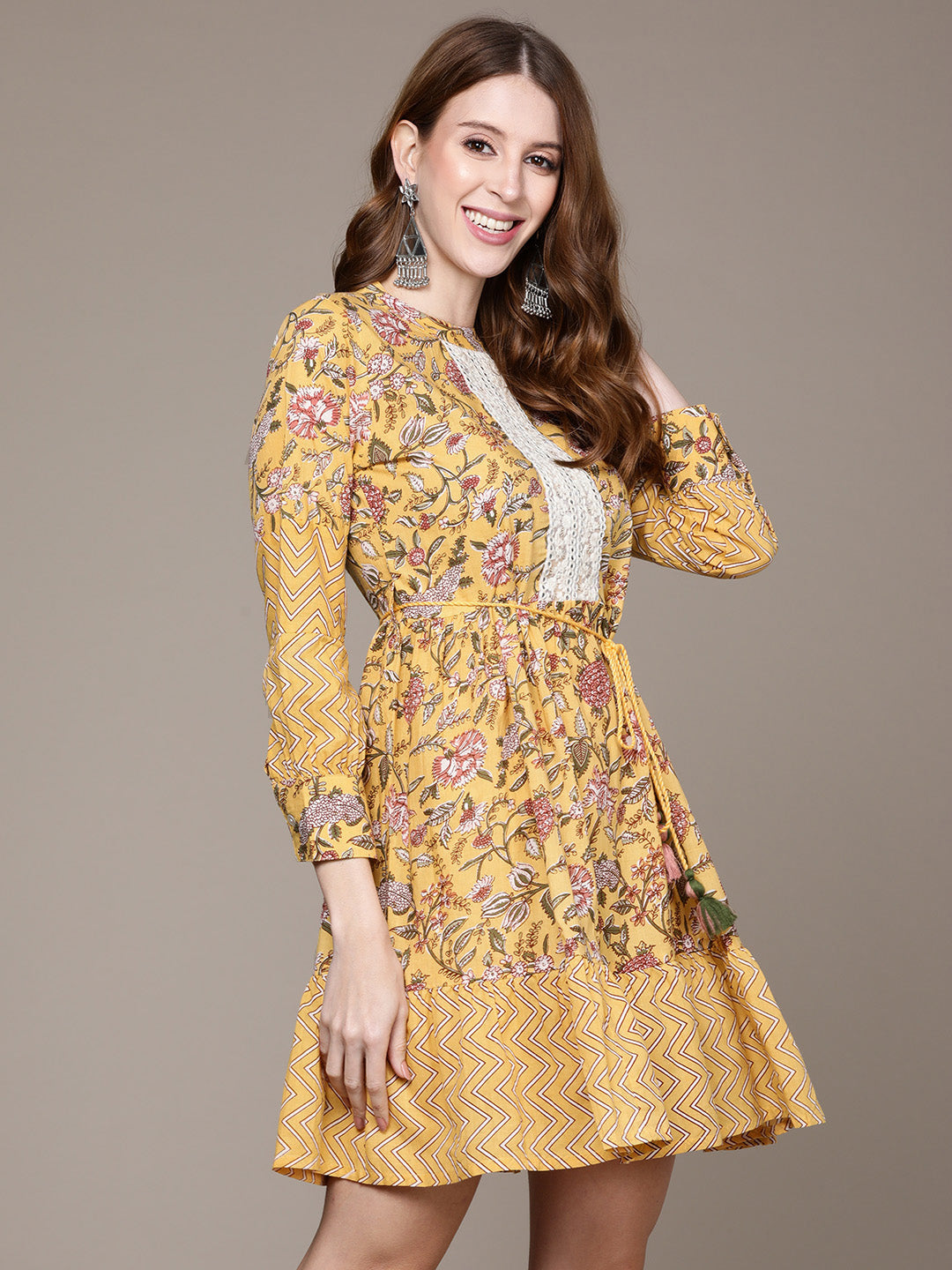 Ishin Women's Yellow Embellished Floral Dress