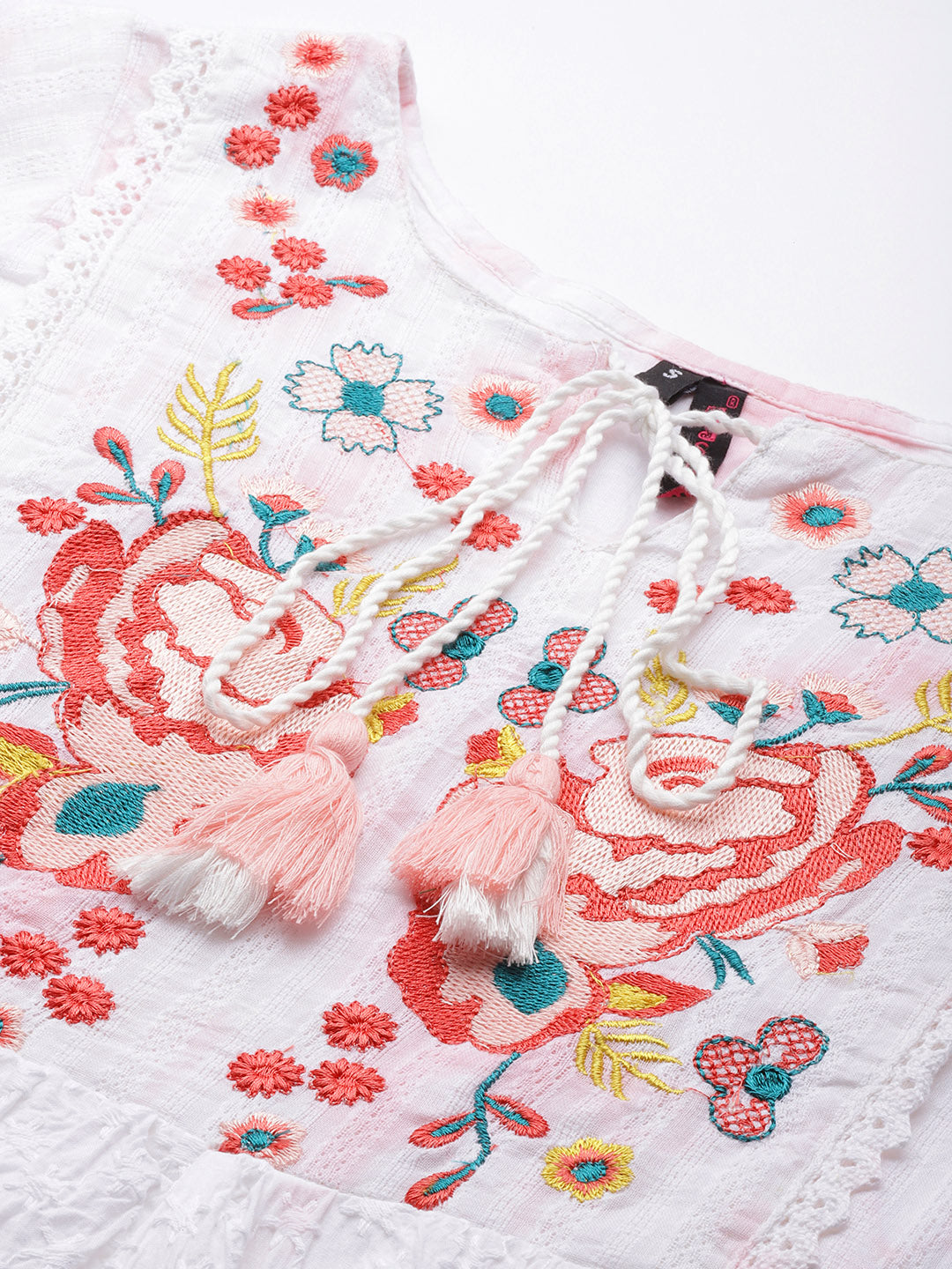 Ishin Women's White & Pink Embroidered A-Line Dress