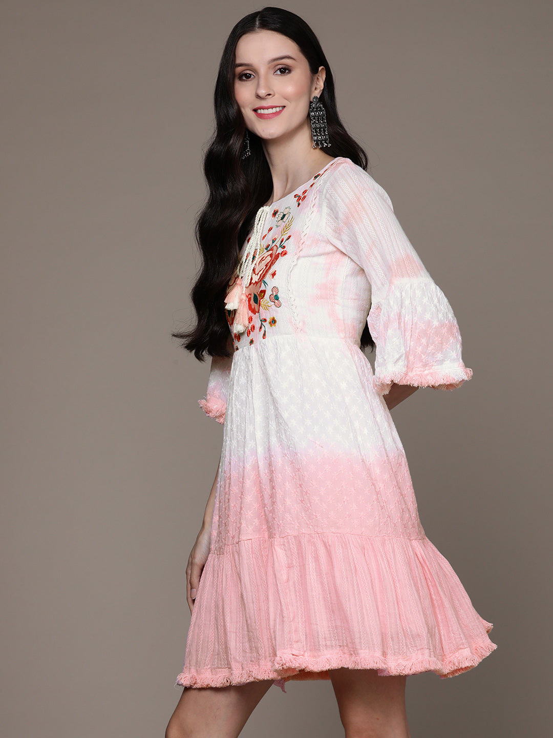 Ishin Women's White & Pink Embroidered A-Line Dress