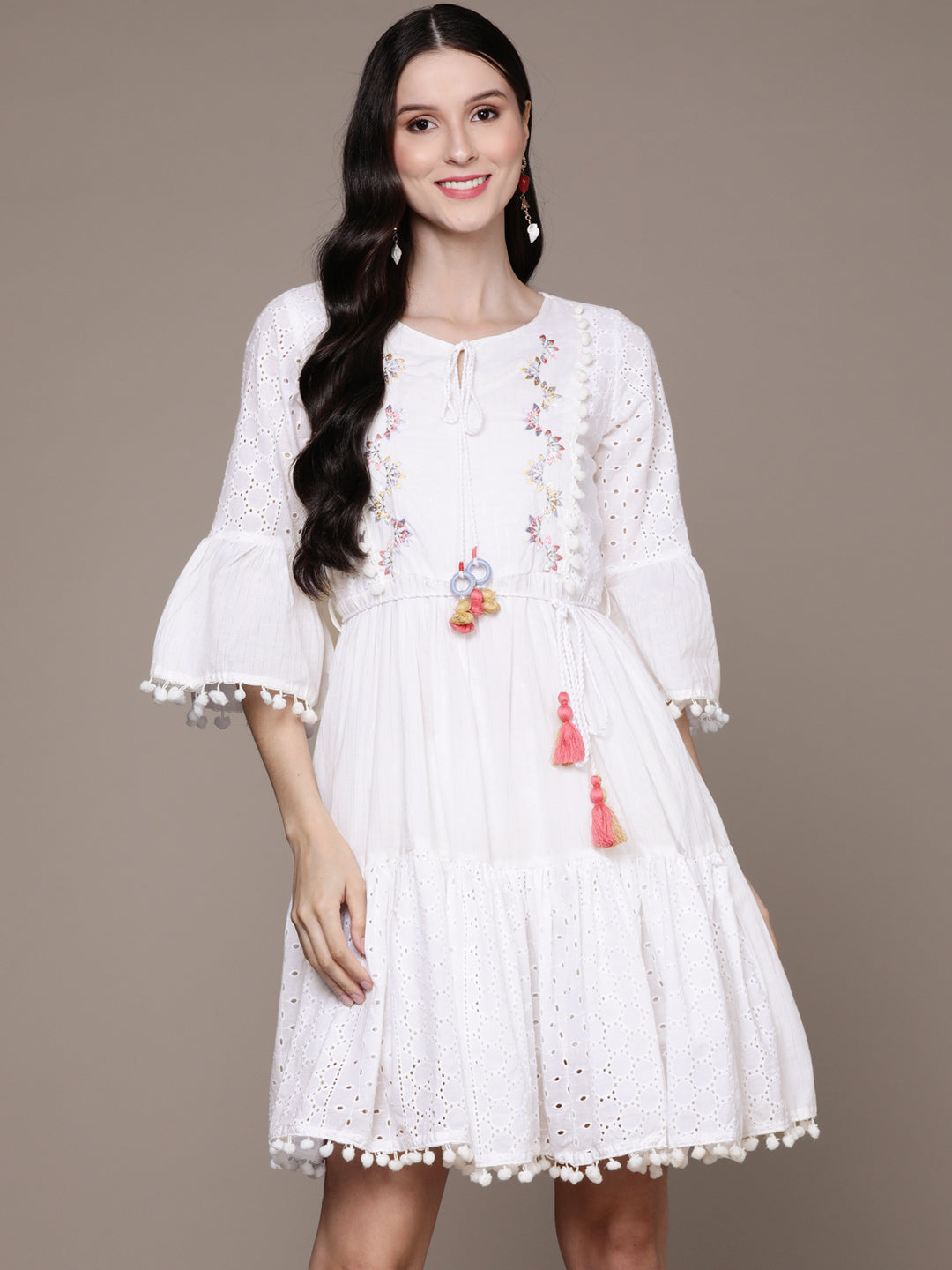 Ishin Women's White Schiffli Embroidered A-Line Dress