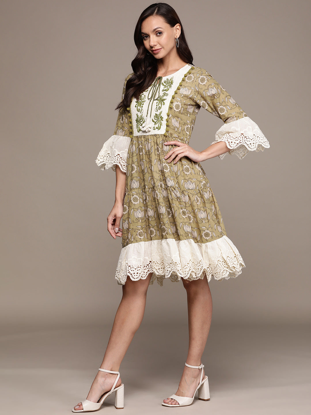Ishin Women's Green Embroidered A-Line Dress