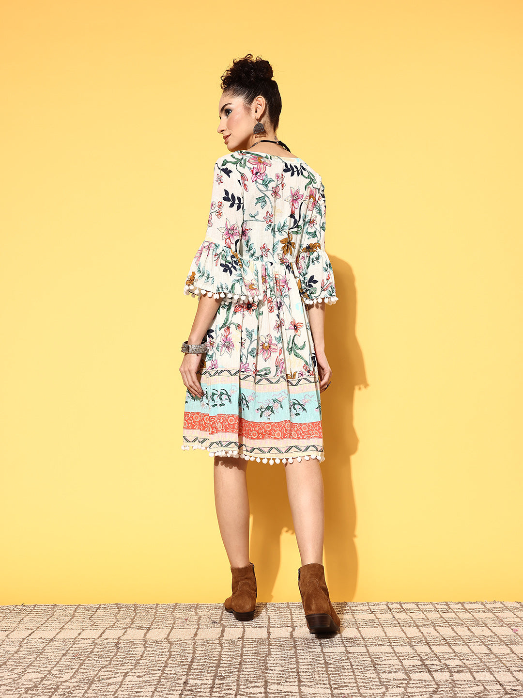 Ishin Women's White Floral Empire Dress