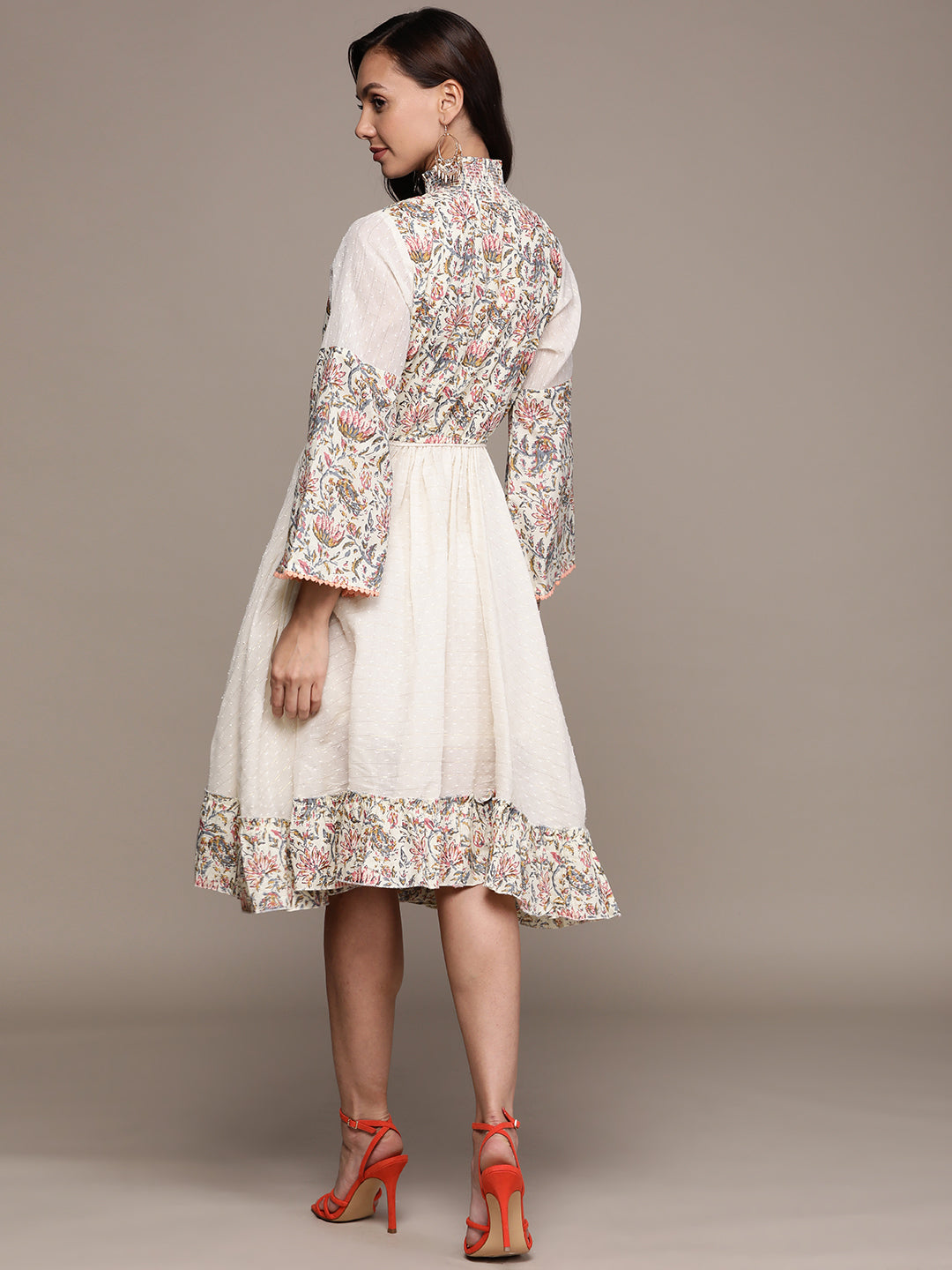 Ishin Women's Cream Lurex Waisted Dress