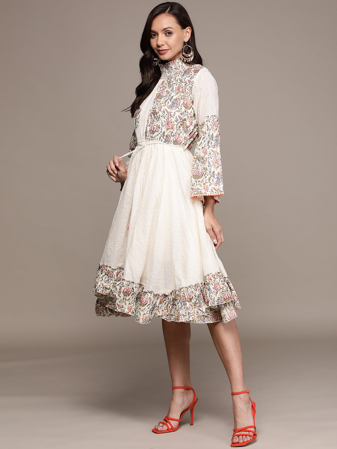 Ishin Women's Cream Lurex Waisted Dress