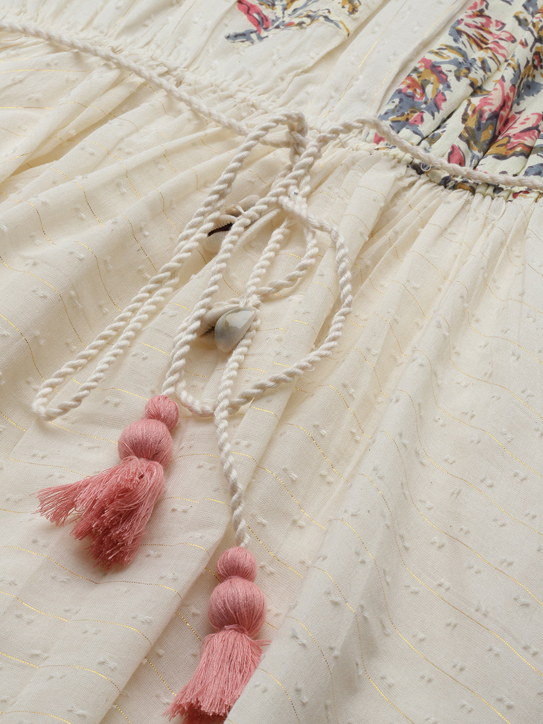 Comfy Cotton Off-White Floral Printed Flared Dress With High Neck And Waist Tie-Up