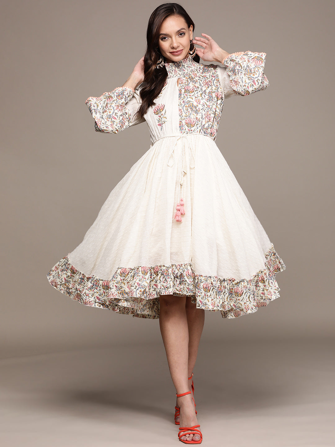 Comfy Cotton Off-White Floral Printed Flared Dress With High Neck And Waist Tie-Up