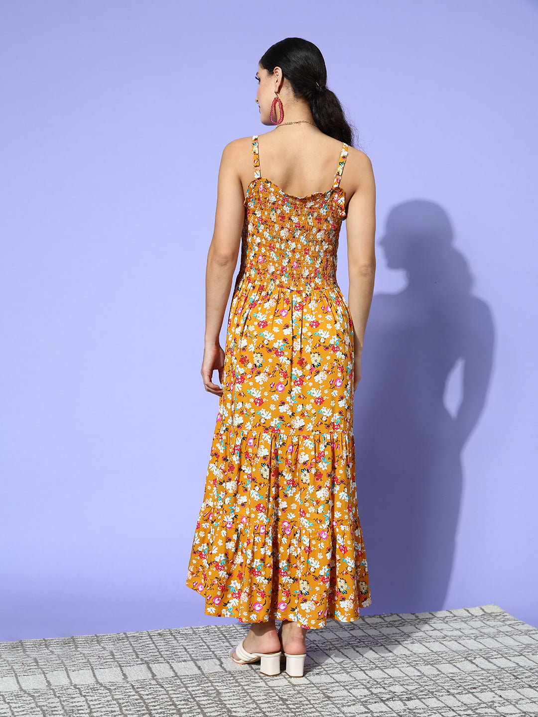 Ishin Women's Mustard Floral Smocked Dress