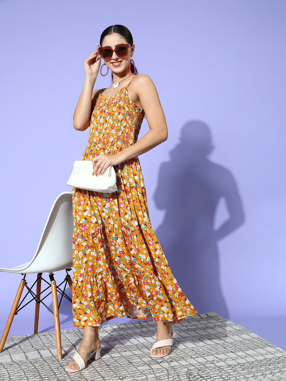 Ishin Women's Mustard Floral Smocked Dress
