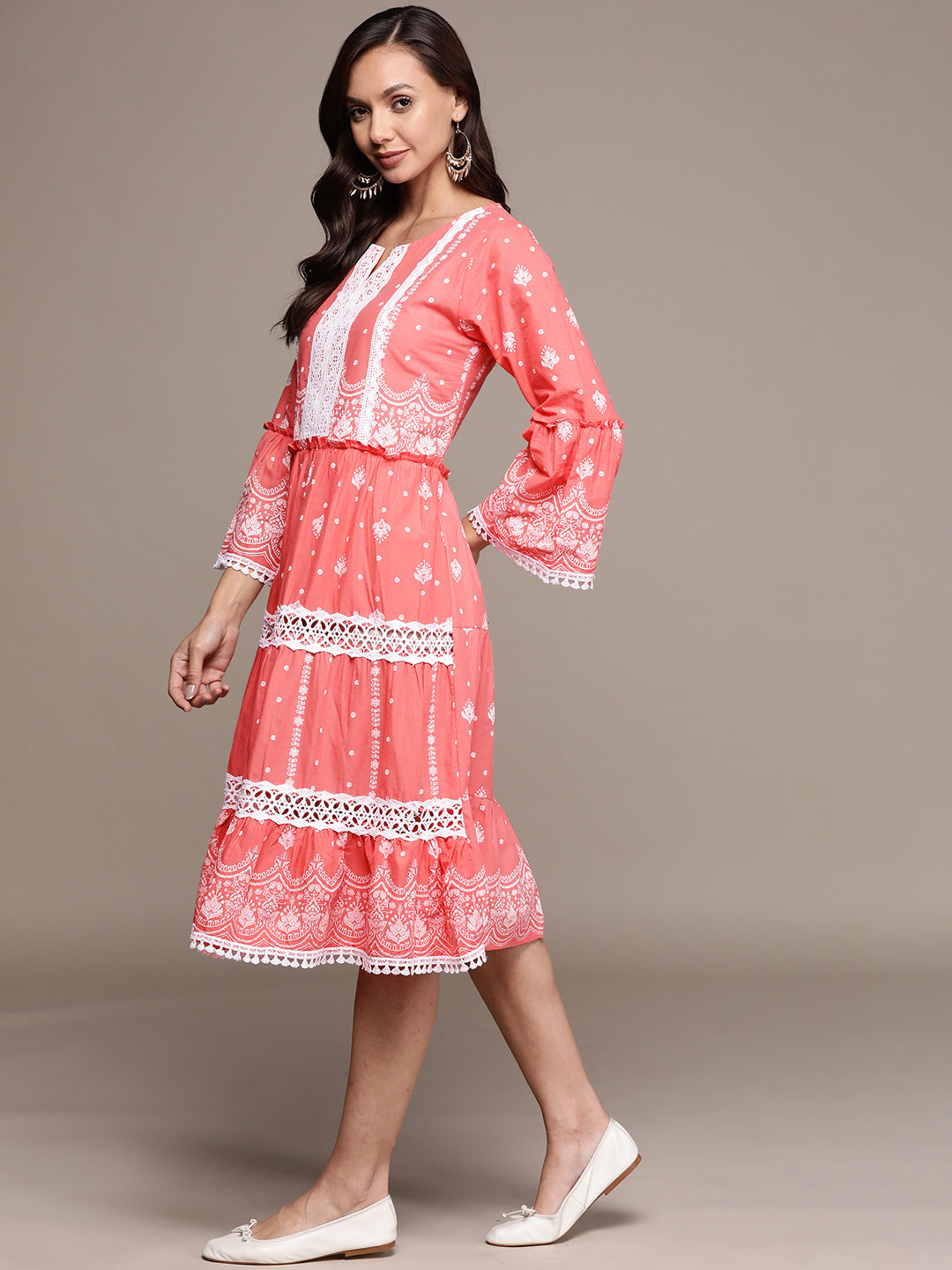 Ishin Women's Cotton Pink Embroidered A-Line Dress