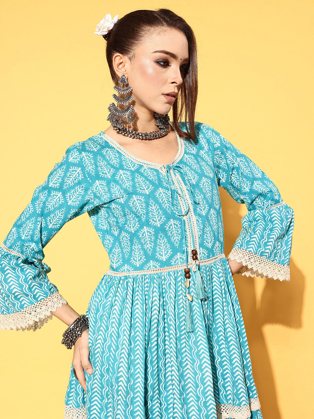 Ishin Women's Cotton Blue Embroidered A-Line Dress