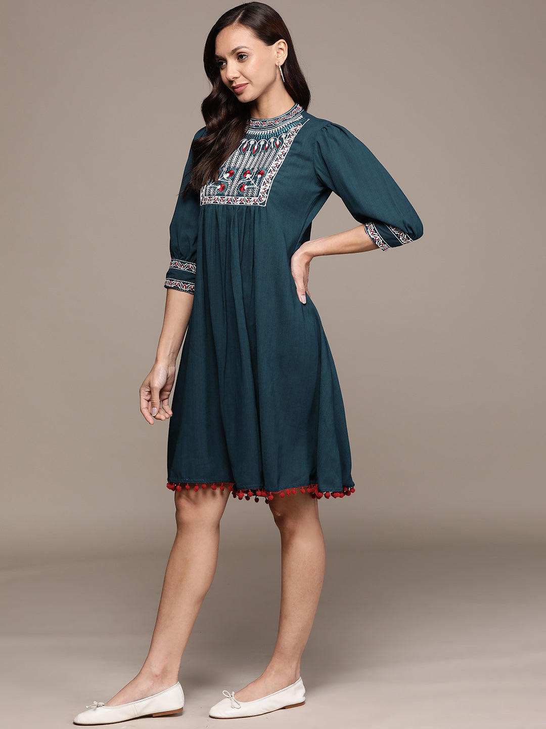 Ishin Women's Georgette Teal Embroidered A-Line Dress