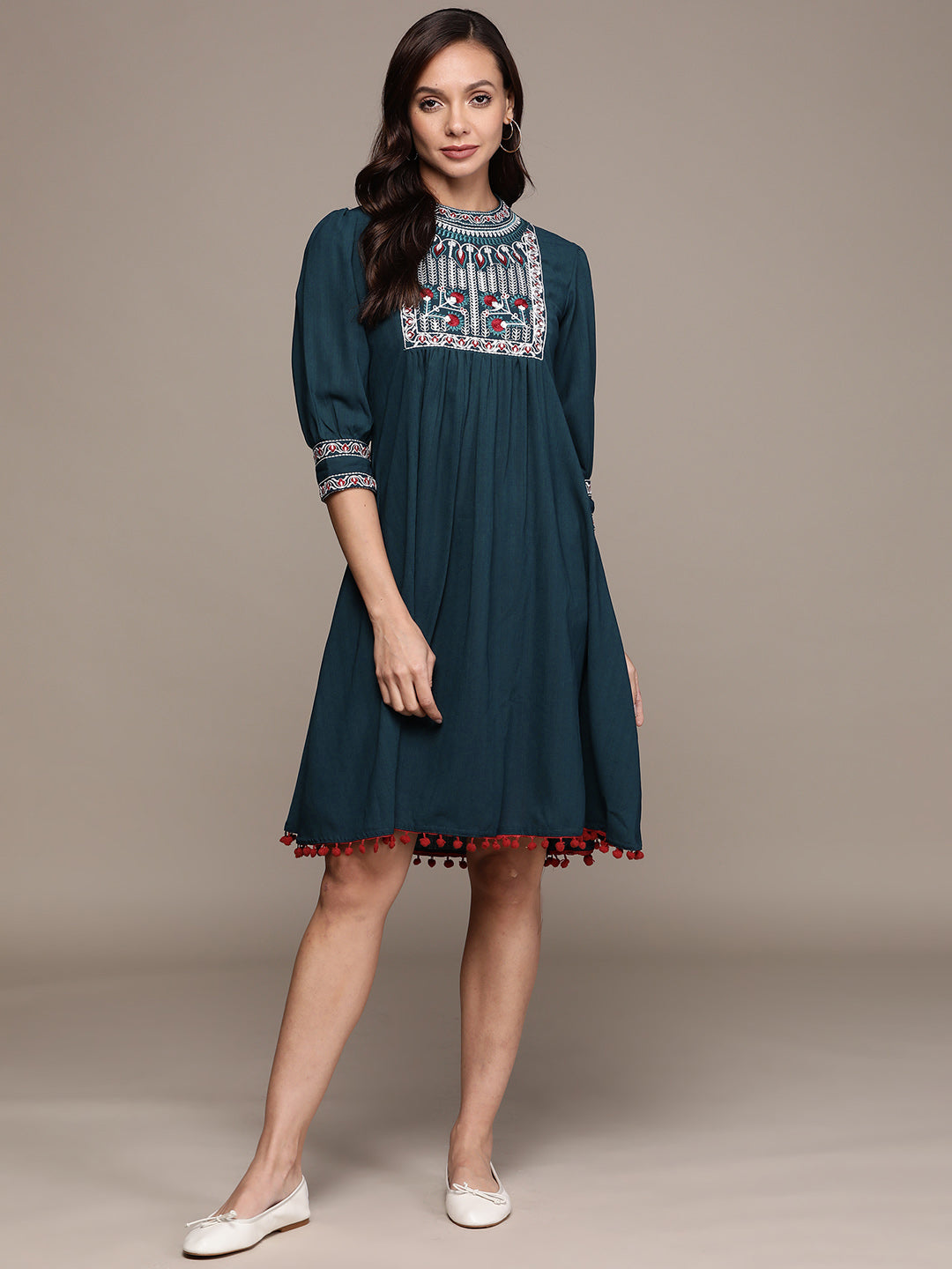 Ishin Women's Georgette Teal Embroidered A-Line Dress