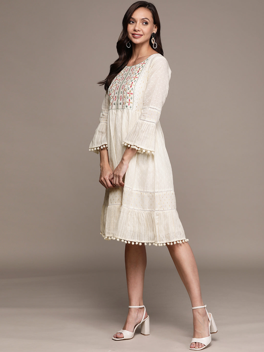 Ishin Women's Cotton Off White Embroidered A-Line Dress