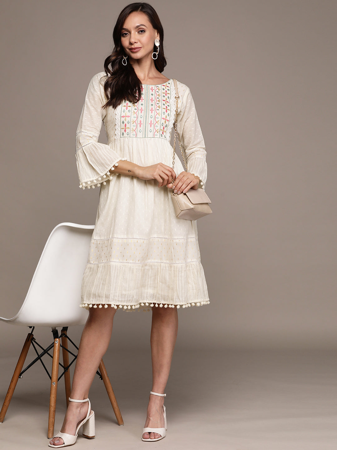 Ishin Women's Cotton Off White Embroidered A-Line Dress