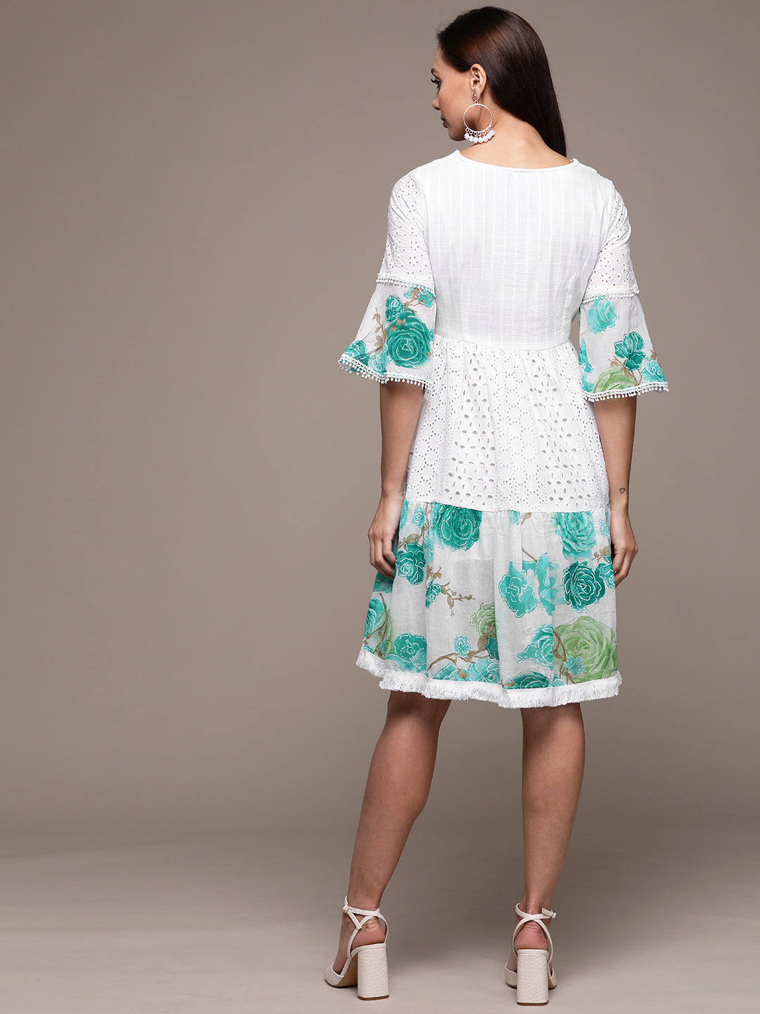 Ishin Women's Cotton White & Sea Green Schiffli Embroidered A-Line Dress