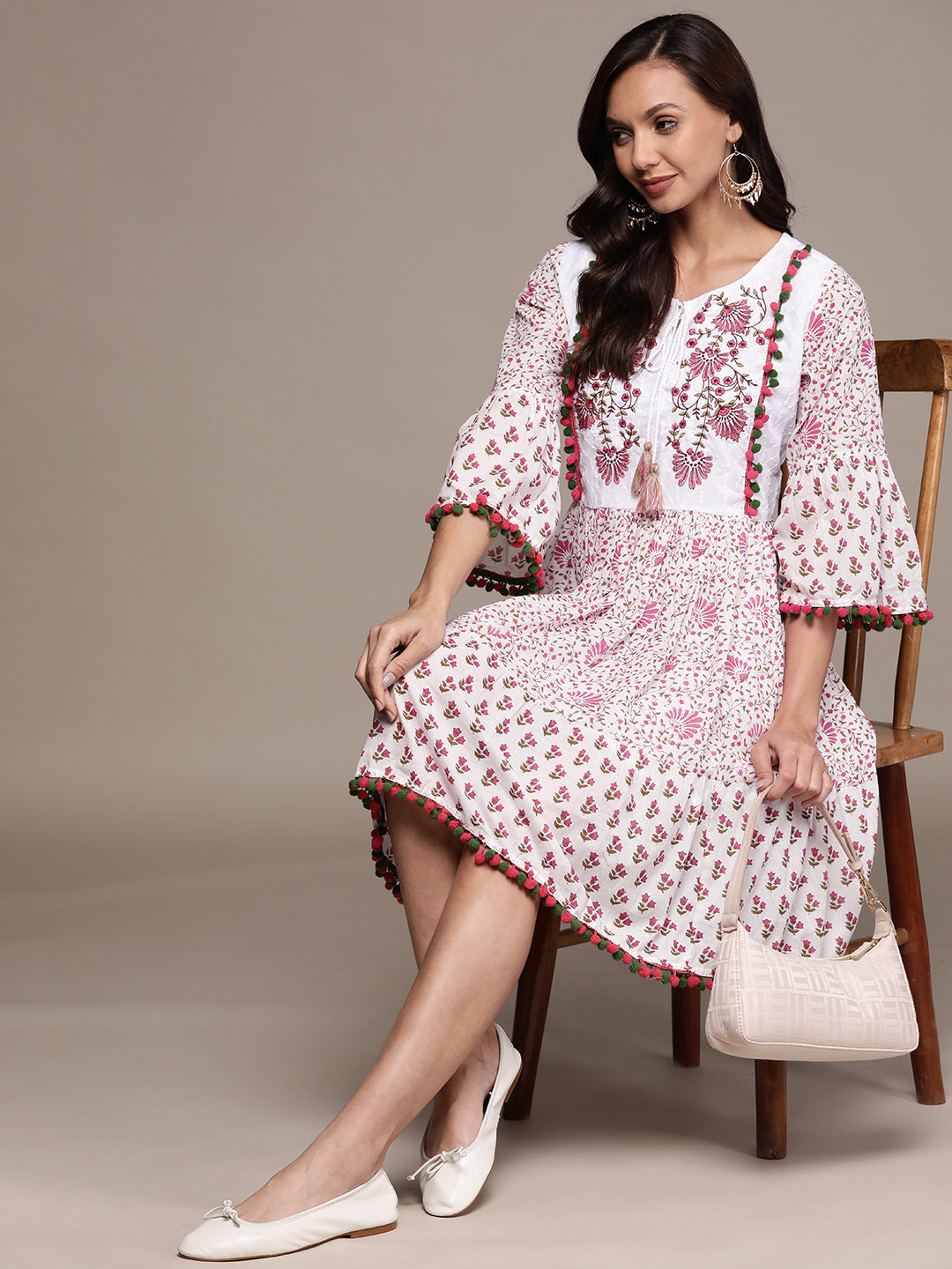 Ishin Women's Cotton White & Pink Embroidered A-Line Dress