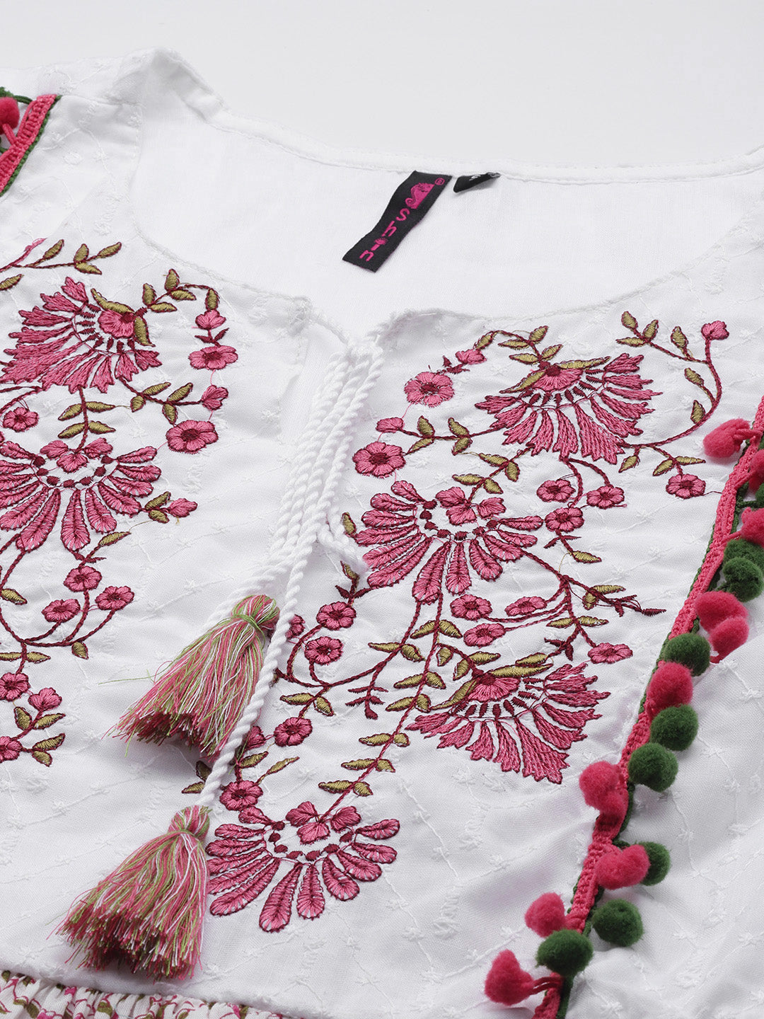 Ishin Women's Cotton White & Pink Embroidered A-Line Dress