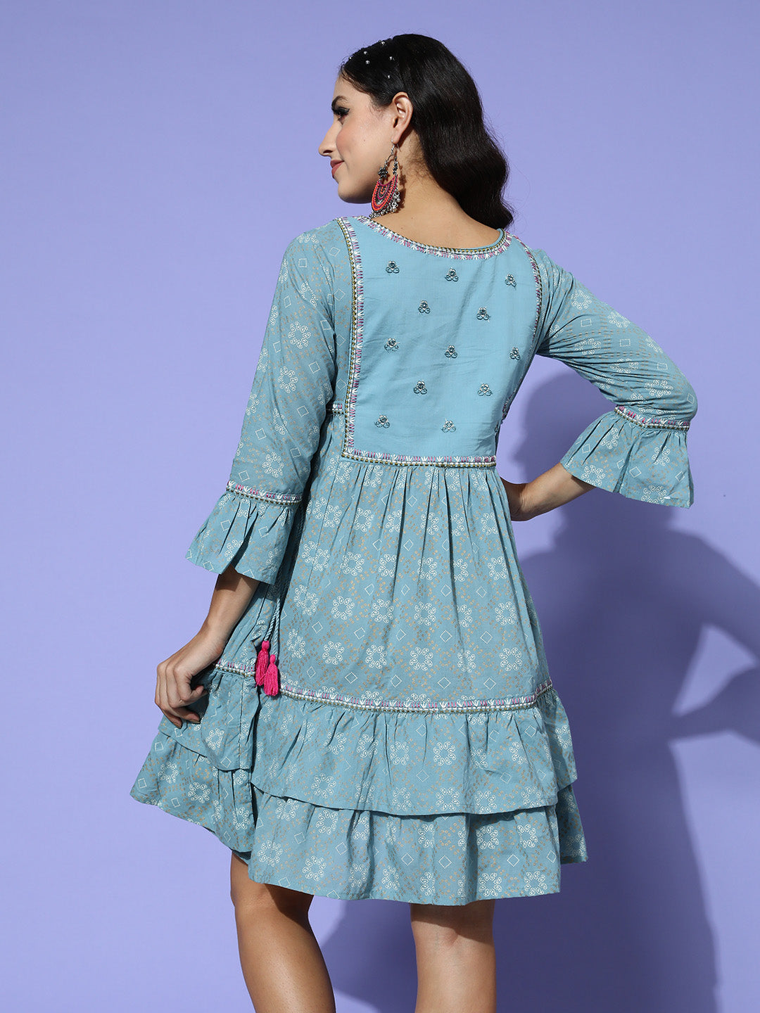 Ishin Women's Cotton Blue Embroidered A-Line Dress