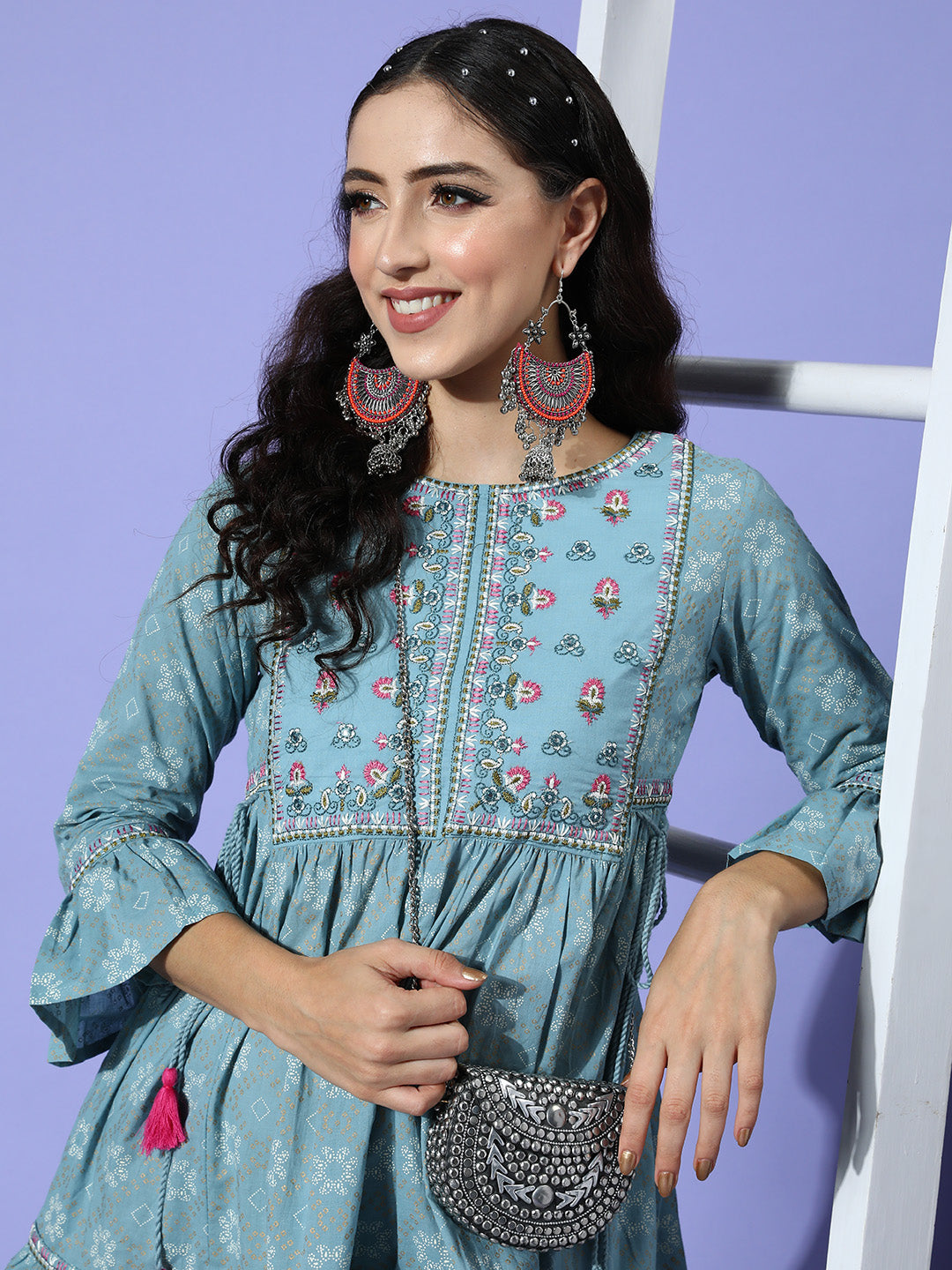 Ishin Women's Cotton Blue Embroidered A-Line Dress