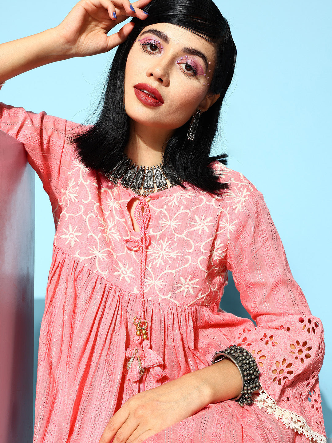 Ishin Women's Cotton Pink Schiffli Embroidered A-Line Dress