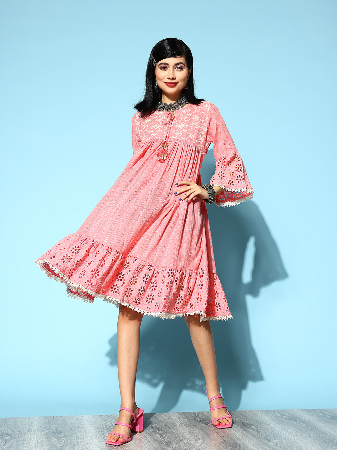 Ishin Women's Cotton Pink Schiffli Embroidered A-Line Dress