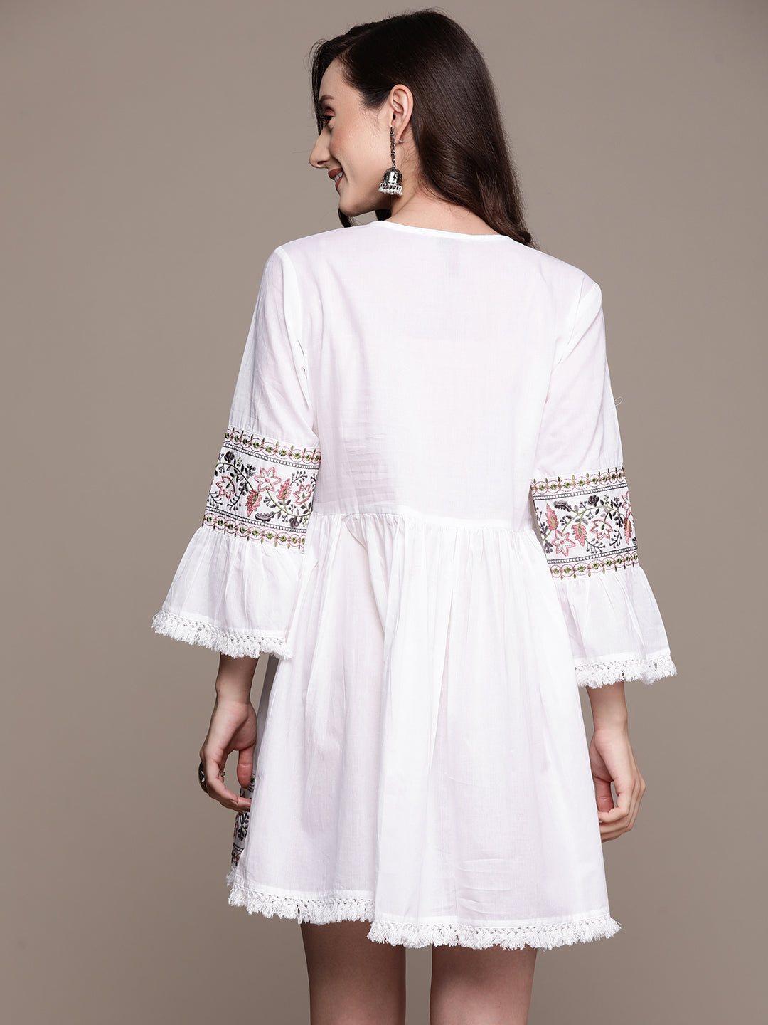 Ishin Women's White Embroidered A-Line Dress