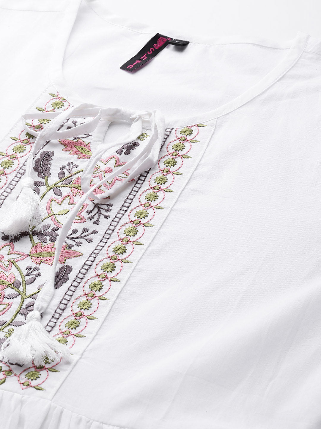 Ishin Women's White Embroidered A-Line Dress